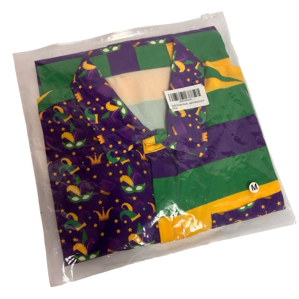 GRAJTCIN MEN MARDI GRAS SHORT SLEEVE BUTTON DOWN PURPLE YELLOW GREEN SIZE MEDIUM